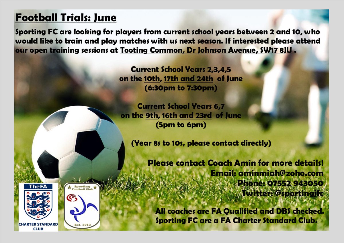 sportingJFC's tweet photo. #trials #opentrainingsession Hi, Please forward to any interested players. Thanks!
@LondonFA

@surreyfa

@MumsnetMerton

@MNWandsworth

@StreathamMums

@MumsnetLambeth

@furzedown_net

@FurzedownFACE

@FurzedownRec

@penworthampta

@GraveneySchool https://t.co/gn4Q2sUhje
