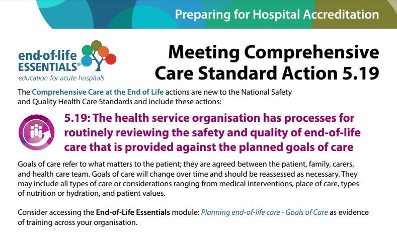 EOLessentials's tweet photo. Our #Accreditation Essential resource 'Meeting Comprehensive Care Standard Action 5.19' can help #SafetyandQuality managers, clinicians, &amp; hospital executives with evidence of organisational training. More in our June news https://t.co/OcTVRb5aPg #HospitalStandards https://t.co/MLBFtU1T3L