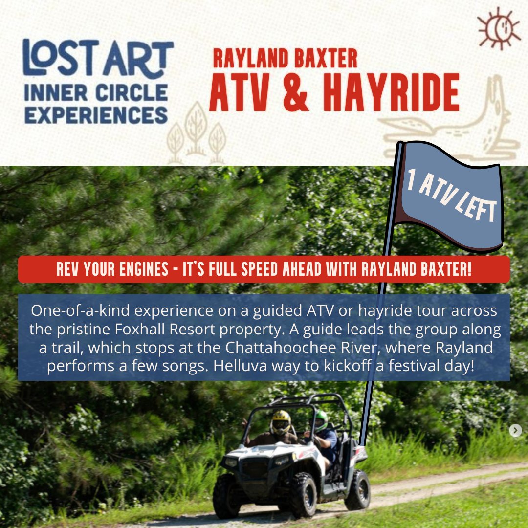 LostArtFest's tweet photo. Only ONE ATV LEFT for this artist experience! If you miss out, though, we've still got spots available for the hayride. Visit https://t.co/VvYnfrDnDV for more info on this and other Inner Circle Experiences! https://t.co/OLFlDIivGG