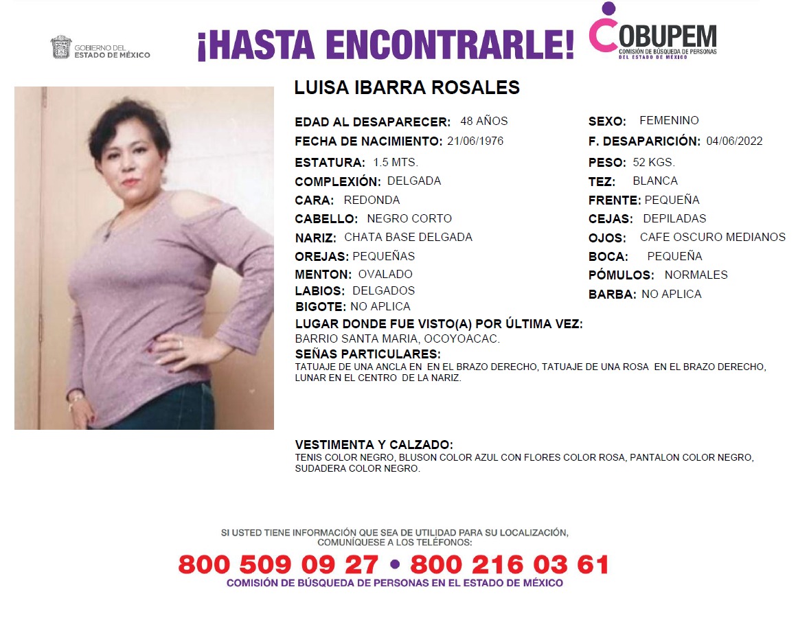 QuePocaMadre_Mx's tweet photo. BUSCAMOS A...🚨

Luisa Ibarra Rosales, de 48 años de edad, fue vista por última vez el 04 de junio de 2022, en el barrio Santa María, Mpio. #Ocoyoacac, #Edomex. 
#AyúdanosACompartir #DenunciaCiudadana https://t.co/Kajj0u9ReF