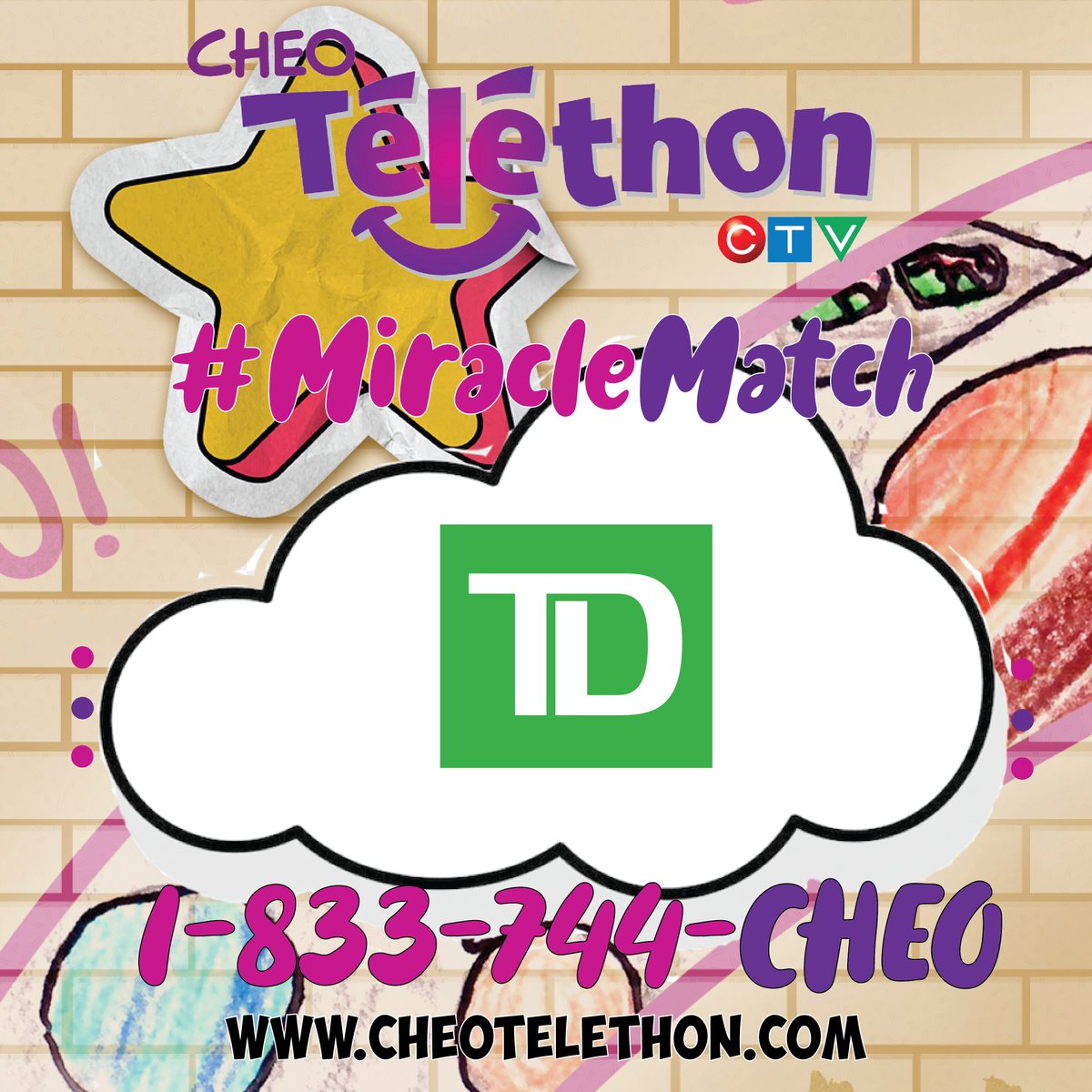 CHEO's tweet photo. Thanks to @TD_Canada you can bank on making a difference for the final #CHEOtelethon #MiracleMatch! Dial 1-833-744-2436 and have your gift matched up to $10,000. https://t.co/XTOSkLuzcl