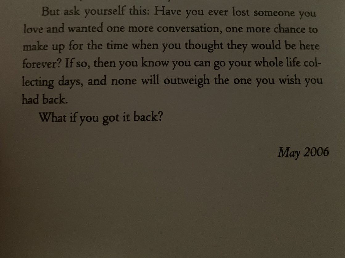 ClarkeRyan17's tweet photo. @MitchAlbom I’ve not read words that resonate so deeply in a long time. This paragraph reminded me of some of the last conversations I’ve had with lost loved ones &amp; forgot, thank you 😊 #foronemoreday #grief https://t.co/SzHvFlG3GC