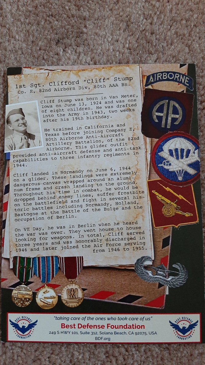 MattOddity's tweet photo. @jtw_ngc98 That's Cliff! I got a chance to meet him and chat for about an hour this week before he flew out to France. Best Defense Foundation made some awesome cards with their stories! https://t.co/y4gMBTz9DZ