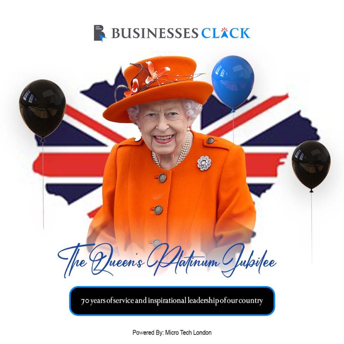 BusinessesClick's tweet photo. Businesses Click wishing the Queen a Happy Jubilee and to all our customers a great long bank holiday weekend. 🎉

#queen #queensjubilee #queensplatinumjubilee #queenelizabeth #london #bankholidayweekend #celebration #queencity #uk #businesses #busniess #businessblog https://t.co/Cofzn3l3jb