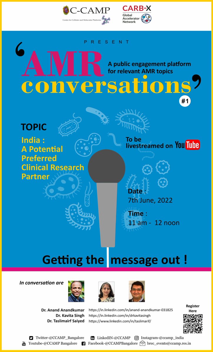 CCAMP_India's tweet image. Happening tomorrow! Tune into CCAMP's 1st episode of #AMRconversations

We'll be discussing
"India: a potential preferred clinical research partner"
with Dr @drskavita @DNDi, Dr @anand_bugworks #Bugworks &amp;amp; Dr @Taslimarif

Jun 7, 11am IST
Register🔗us02web.zoom.us/webinar/regist…

@CARB_X