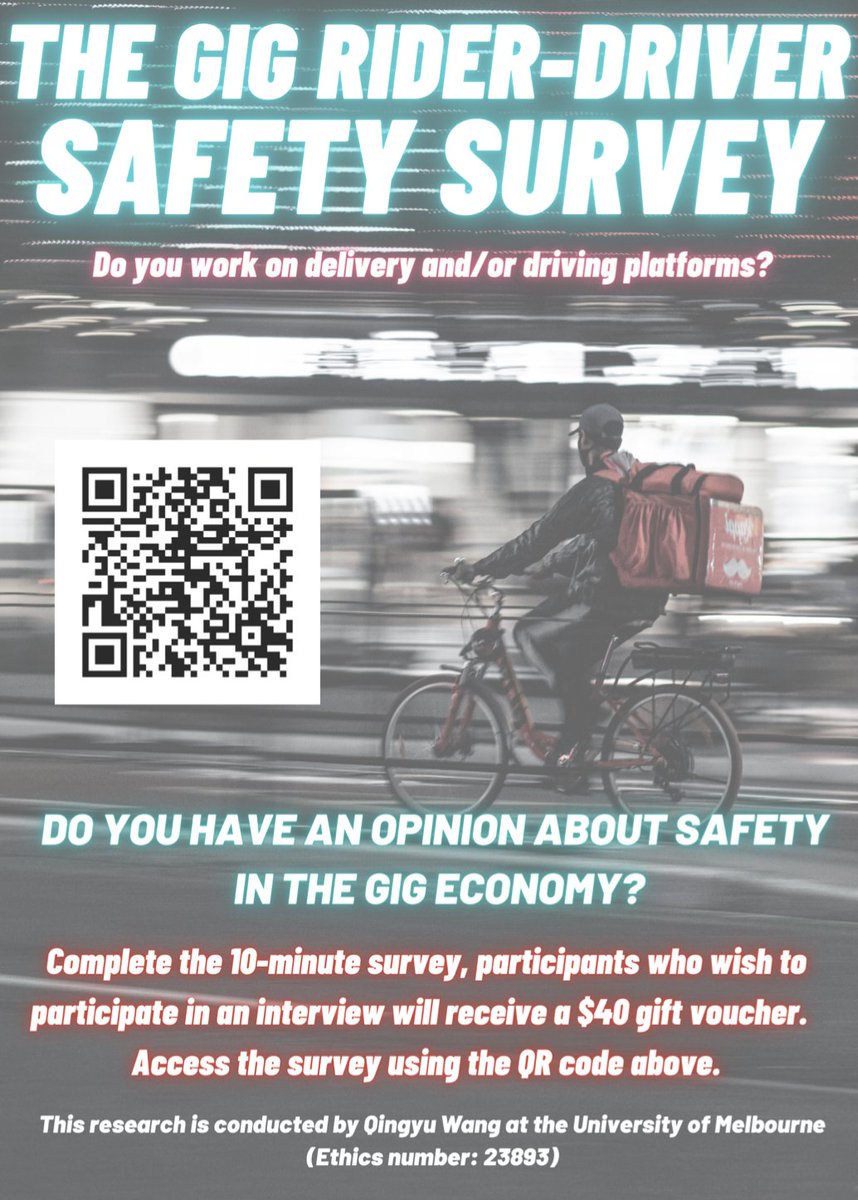 My student Qingyu is launching her honours project today - a mixed methods project on gig rider/driver safety. Participants can read more about the project using the QR code on the flyer. Please share widely.