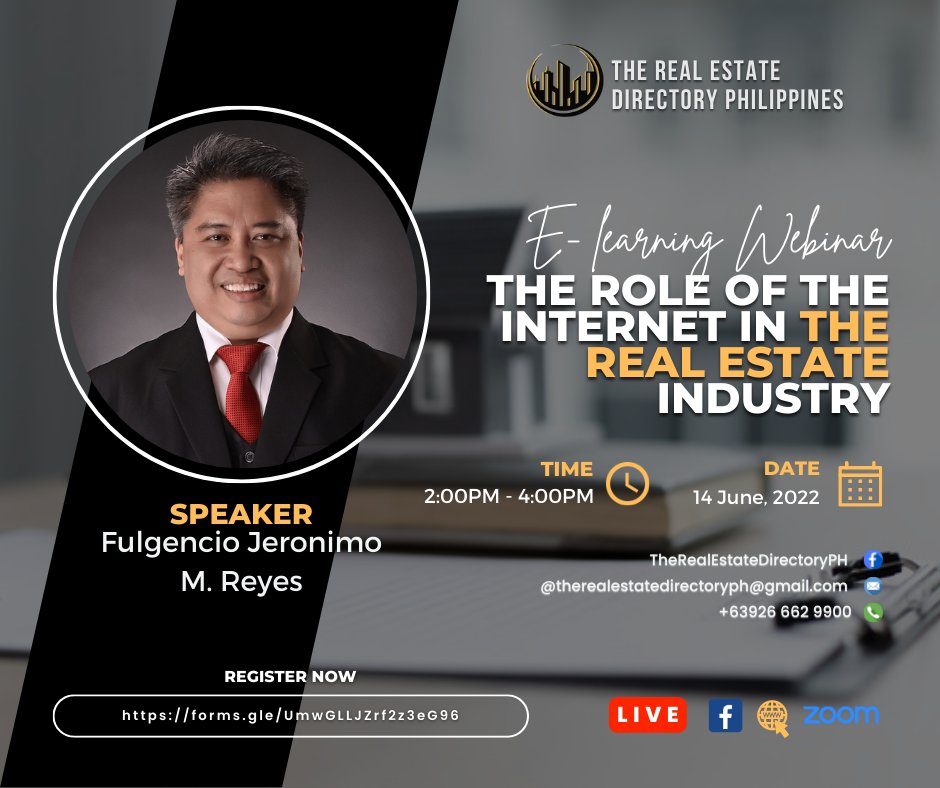 TREDph's tweet photo. Let's all come together on an eLearning Webinar entitled, "Real Estate: The Role of the Internet in the Real Estate Industry," with our Guest Speaker, Mr. Fulgencio Jeronimo M. Reyes. Happening on June 14, 2022, from 2:00 PM to 4:00 AM via Zoom and Facebook live.

See you there! https://t.co/PzkjxXvqiQ