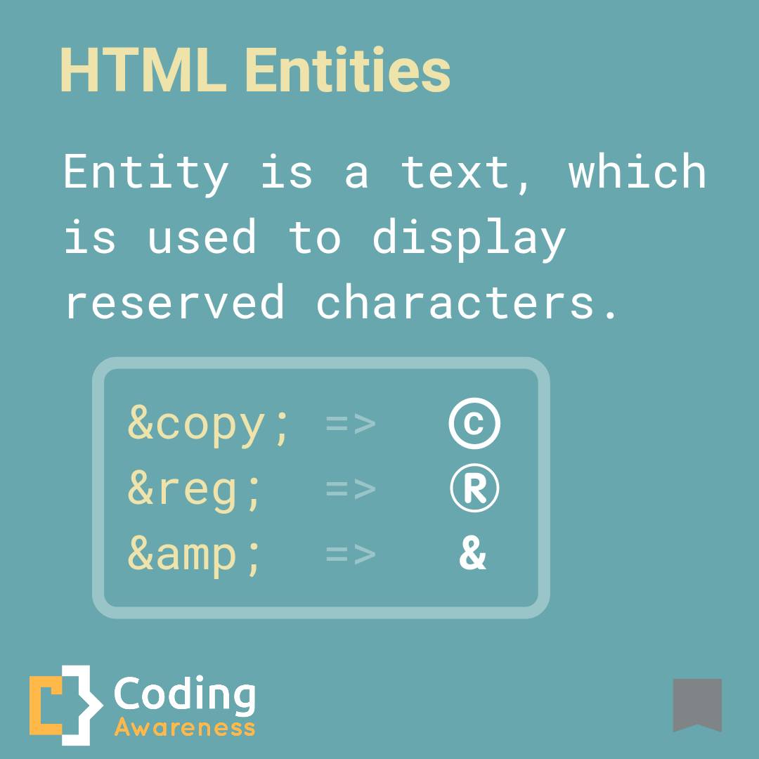 CodingAwareness's tweet image. HTML entity for reserved characters. Web development tips. Coding Awareness. #html #webdevelopment #coding