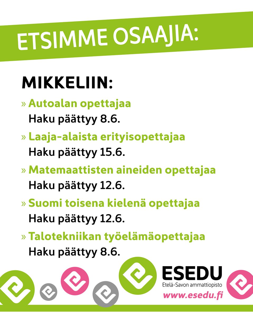 Etsimme osaajia Mikkeliin! Kuntarekryssä on avoimena useampi opettajan paikka. Katso lisätietoja avoimista työpaikoista verkkosivuiltamme: esedu.fi/tietoa-meista/…
#esedu #mikkeli #rekry #rekrytointi #avoimettyöpaikat #opettaja #ammatillinenkoulutus