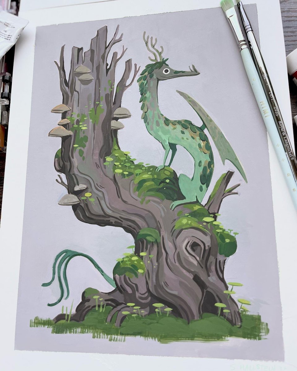 Gouache is good therapy 🐉#painting #gouache #dragon #mossy
