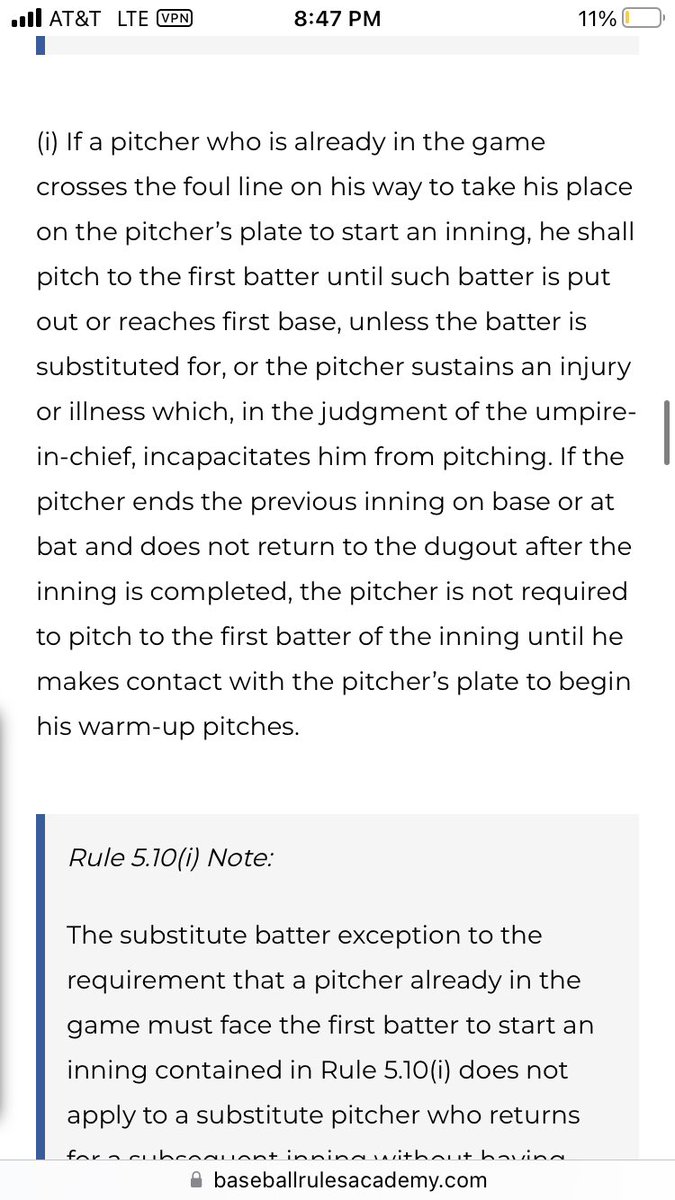 Calebr_10's tweet photo. @MarshallScottOK @jacobunruh If the pitcher crosses the foul line to warm up for an inning, he has to face at least one batter before being removed (had to look this one up) https://t.co/83z5I2gpyt