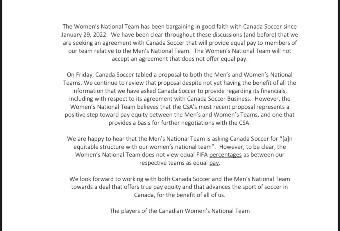 A statement from the Canadian Women’s National Team players: