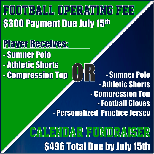 Sumner Football Fundraising for 2022-2023 We are offering players two options this year: 1) One-time $300 Football Operating Fee OR 2) Complete the $496 Fundraiser Calendar