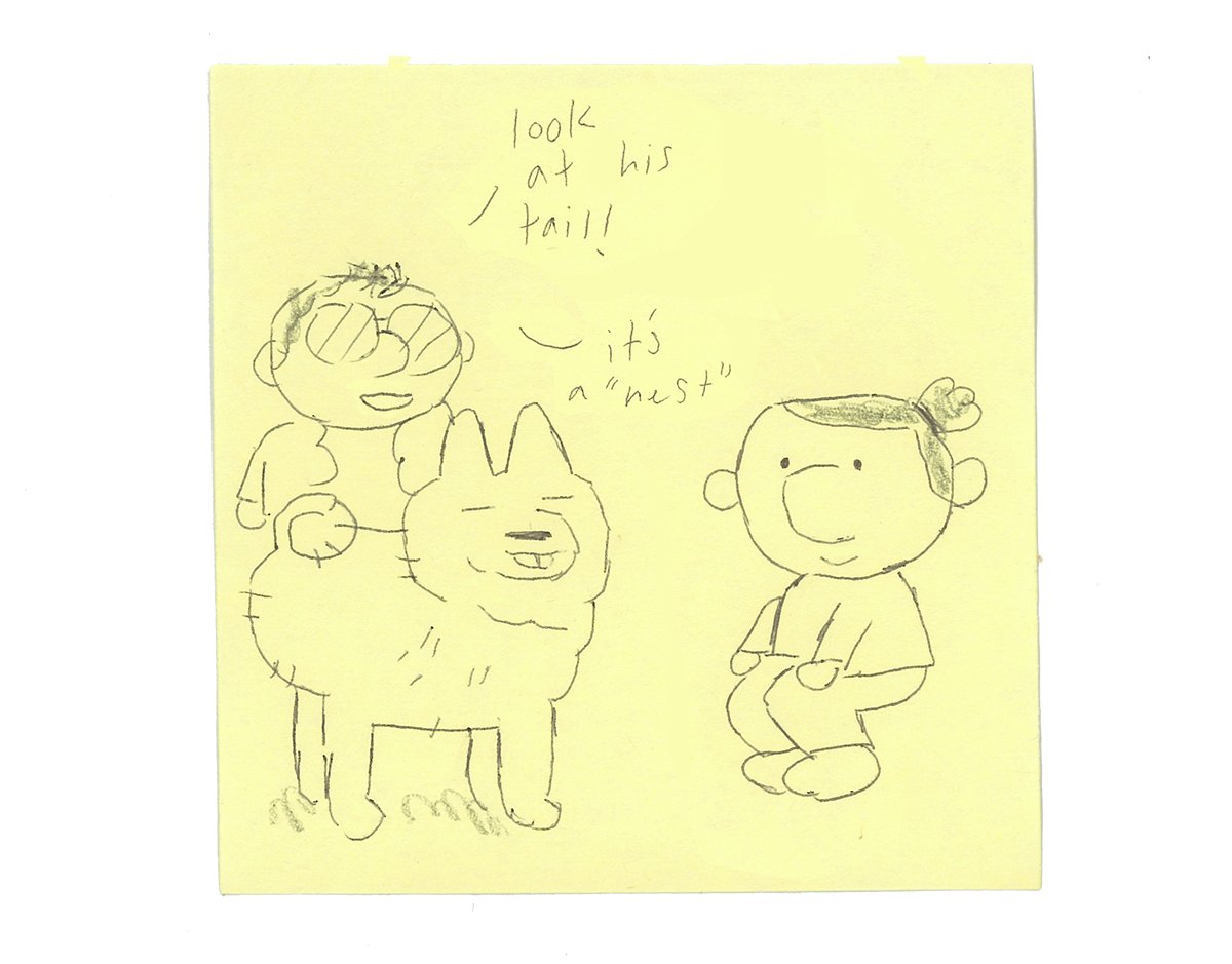 found this old comic from when my mom and i looked after an acquaintance's dog and she showed me his 'tail nest' 