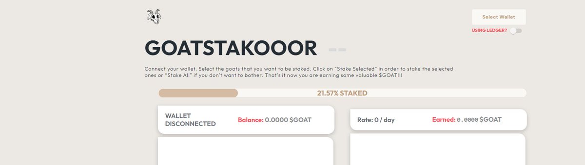 Stake your GOAT if you haven't already! 🐐 
greatgoats.stakooor.app

- Start earning $GOAT token + participate in upcoming staking rewards 

Our Great Goats x Ledger Event is currently live and to participate you must stake! Find more info in the discord. 🎉