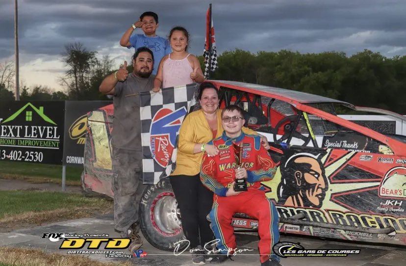 warriorracing14's tweet photo. It was a hard fought battle but I WON my first race here at Cornwall with a field of 12 cars! This is a surreal moment and I can’t help but be thankful for my family and sponsors for making this possible! Here’s for more to come! 🏁🎉 #racing #dirtcar #AutismAwareness https://t.co/2Iiko5D5YT