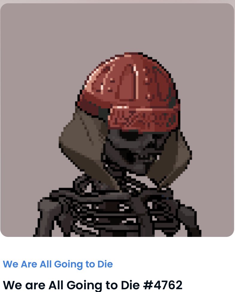 Just bought my third We Are All going to Die. Decrepit trait is 🙌. <a href="/wagdie_eth/">𝔚𝔢 𝔞𝔯𝔢 𝔄𝔩𝔩 𝔊𝔬𝔦𝔫𝔤 𝔱𝔬 𝔇𝔦𝔢</a> 

First time splitting an nft with a partner, love you <a href="/CRYPTOHANK24/">Crypto Hank💎</a>
