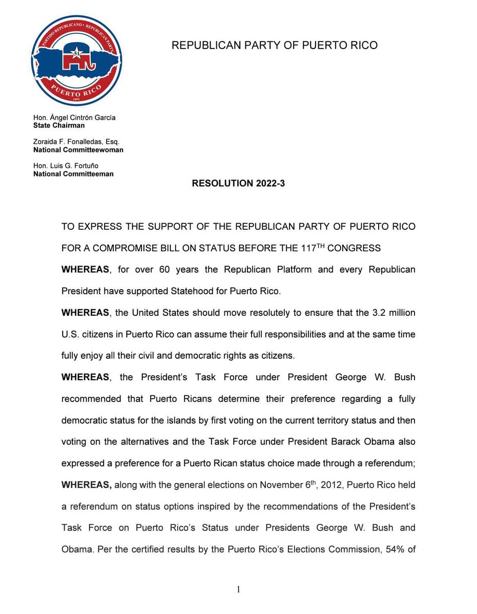 GOP_PR51's tweet image. El 23/mayo/2022 el Comité Ejecutivo aprobó aprobó una resolución en apoyo al proceso que se lleva con el Proyecto de Consenso “@PRStatusAct”. Enfatizamos nuestro apoyo a la #estadidad, ya que entre múltiples razones es la única opción que garantiza la #CiudadaníaAmericana.