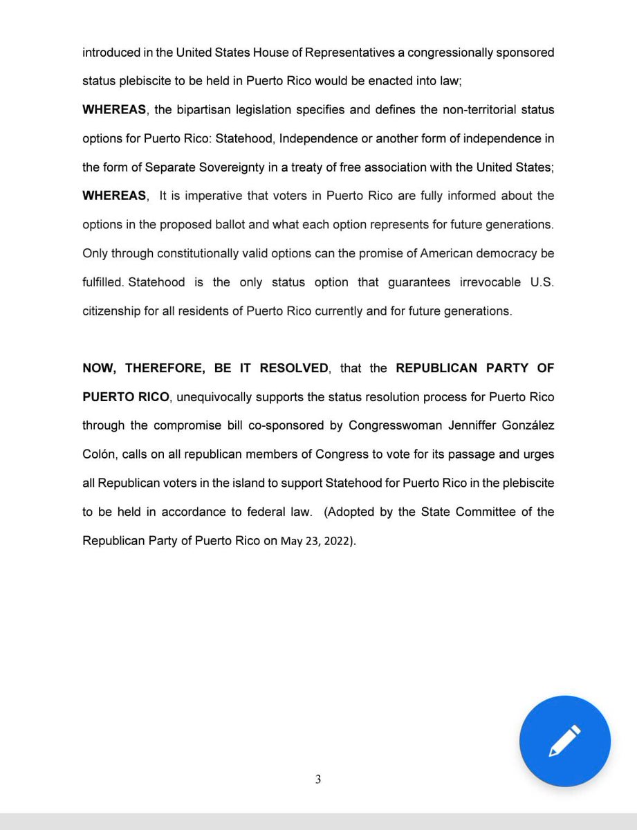 GOP_PR51's tweet image. El 23/mayo/2022 el Comité Ejecutivo aprobó aprobó una resolución en apoyo al proceso que se lleva con el Proyecto de Consenso “@PRStatusAct”. Enfatizamos nuestro apoyo a la #estadidad, ya que entre múltiples razones es la única opción que garantiza la #CiudadaníaAmericana.