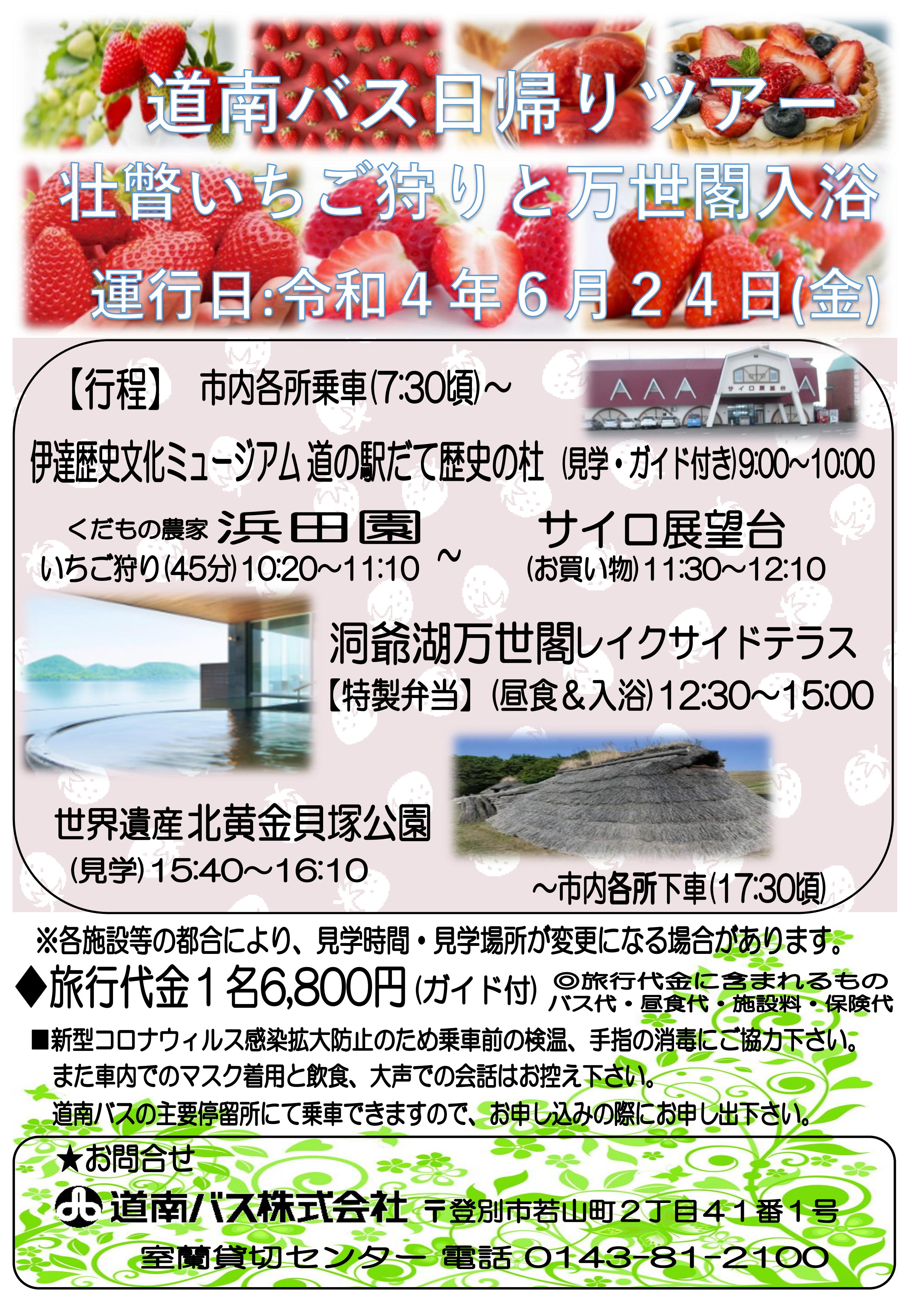 道南バス株式会社 22 6 24 いちご狩り 入浴ツアー募集 令和4年6月24日 壮瞥いちご狩り 洞爺万世閣入浴日帰りツアーを催行いたします サイロ展望台の絶景や世界遺産登録になりました北黄金貝塚公園の見学もおすすめです お問合せ 申し込みは