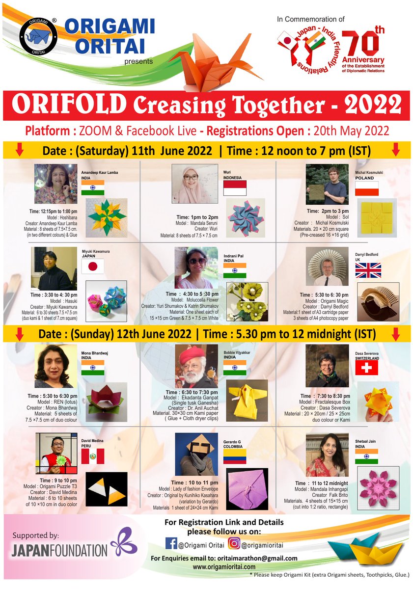 This Saturday, June 11th 2022, I will be teaching my Sol tessellation at online Orifold Creasing Together event organized by #Origami Oritai of #India. Details and registration origami.kosmulski.org/blog/2022-06-0…

#origamitessellation #workshop #origamiworkshop #origamiclass #MichałKosmulski