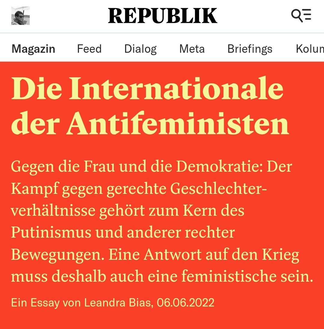 Openly_Biased's tweet photo. In @RepublikMagazin erkläre ich die 3 Zwecke des Anti-Feminismus im Putin System:

Er legitimiert Repression nach innen &amp; Aggression nach aussen #Ukraine und macht anschlussfähig für andere Rechte/Autoritäre

Darum muss die Antwort eine feministische sein!
https://t.co/nZrCBlziRR https://t.co/Z6Gi2I4Zwd