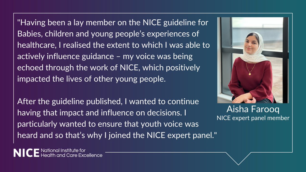 NICEGetInvolved's tweet photo. It's #PowerOfYouthDay22 in #VolunteersWeek, and so we're celebrating the young people on our #NICEExpertPanel. 

They bring so much to the work of NICE, and youth involvement is vital. 

@ItsAishahF tells us why she wanted to bring the young person's voice to our panel. https://t.co/Z5aLeu4KBV