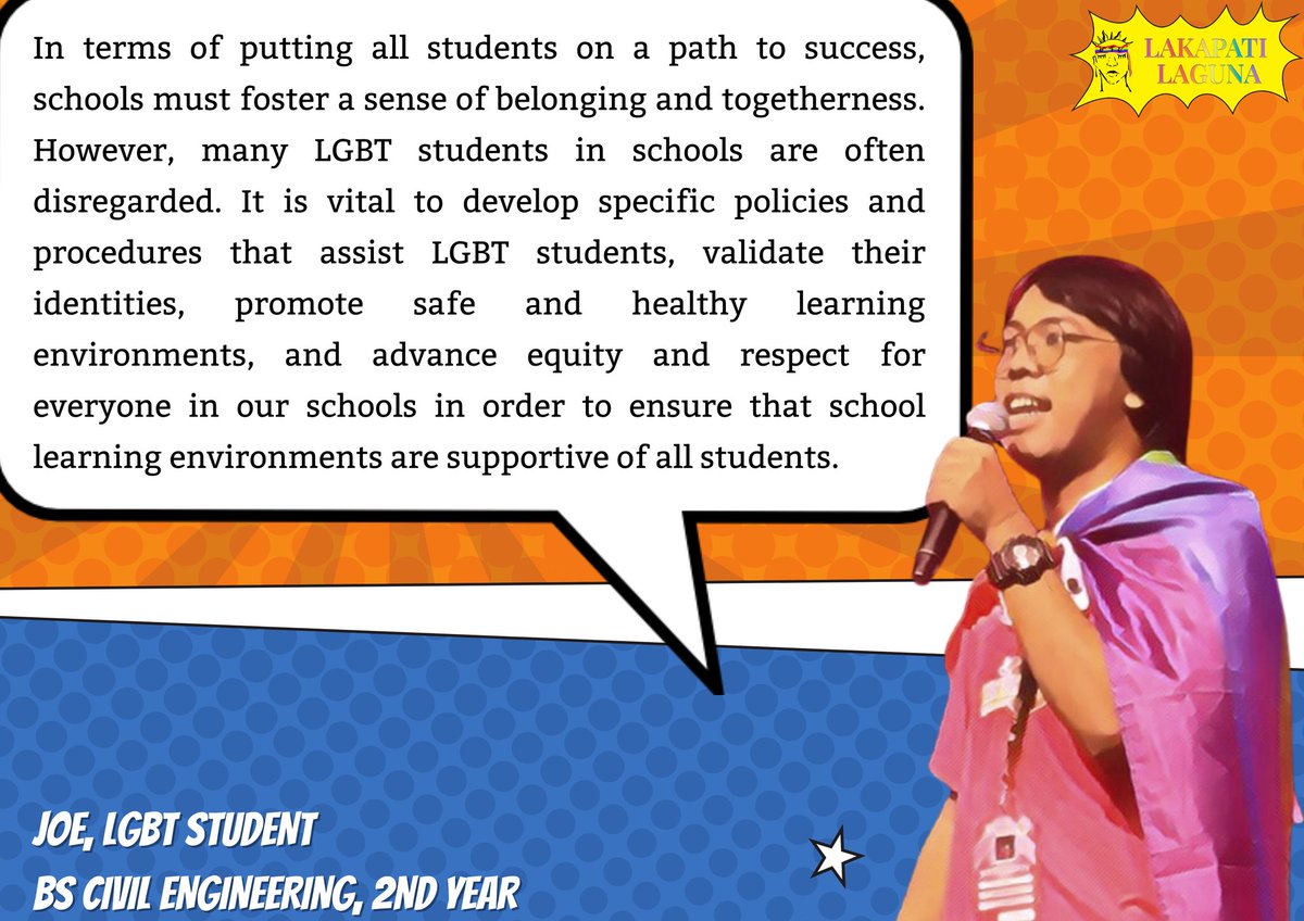 LakapatiLaguna's tweet photo. Bilang isang mag-aaral na LGBT, paano nga ba dapat isulong ang iyong karapatan laban sa mga polisiyang anti-LGBT sa loob at labas ng pamantasan?
Narito ang sagot ni Joe, isang tunay, palaban, at makabayang estudyante. 🏳️🌈
#FacesOfPride
#Pride2022 https://t.co/ybRnA1Jryz