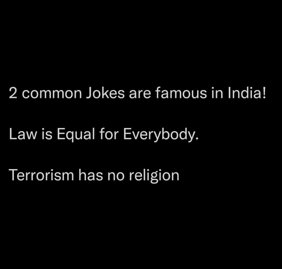 PragyeshDubey4's tweet photo. 2 common Jokes are famous in India !
1. Law is Equal for Everybody.
2. Terrorism has no religion
#isupportExMuslimSahil
#ArrestZubair #StatueOfCorruption #Terrorists #IStandWithNupurSharma https://t.co/AdN2jAYBON
#ArrestZubair https://t.co/3SZoIPi1AJ