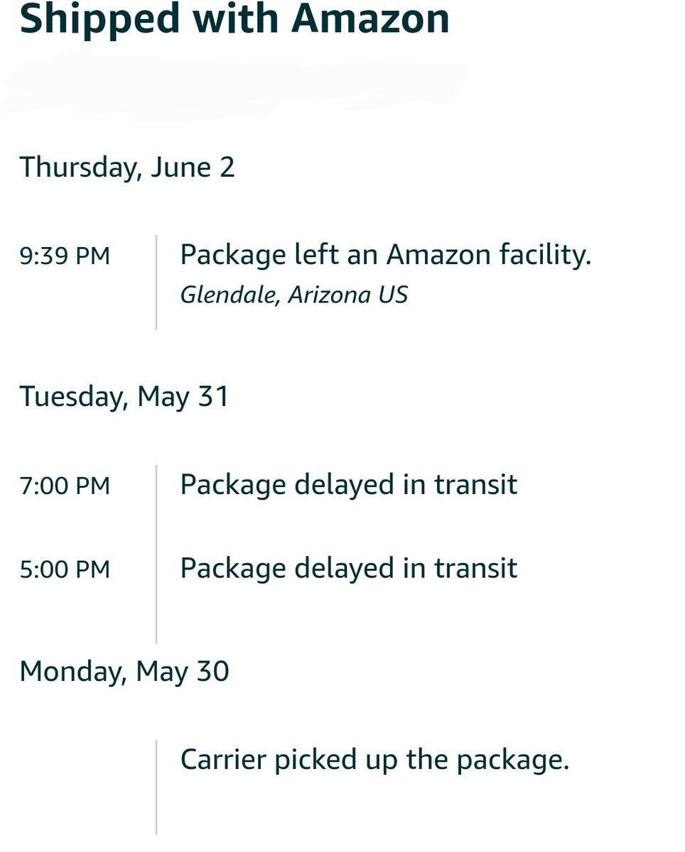 Slightlycommon's tweet photo. @amazon I would like to know where my package is! I was suppose to receive it on 5/31, then between 6/3-6/5, and since it did not arrive again, it will be delayed again. My shipping hasn't been updated since THURSDAY and it says it left the facility. WHERE is my package?! https://t.co/zFsjzF9d8d
