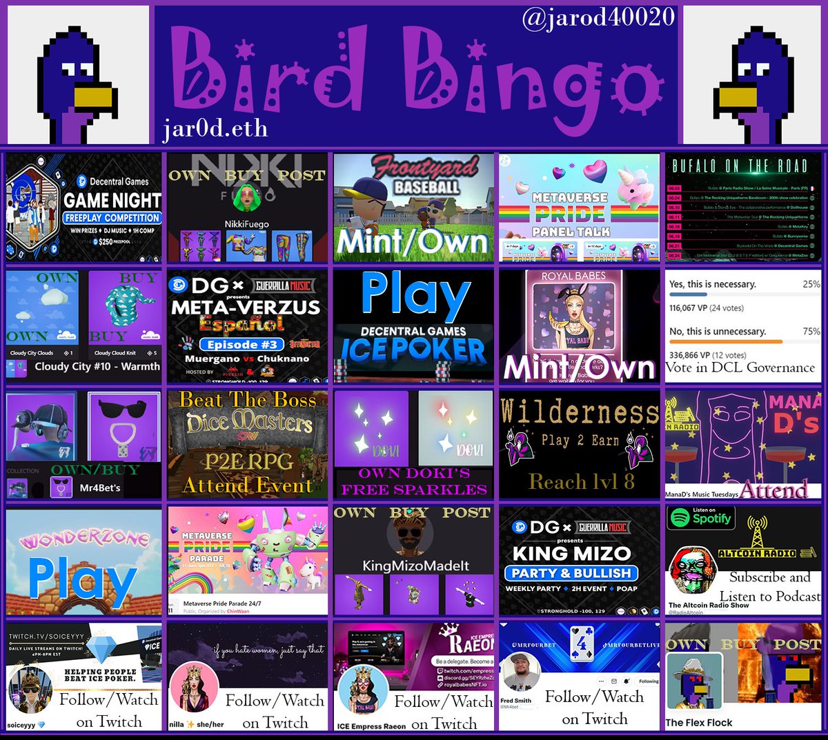 🐦🪶🎉Bingo Giveaway🎉🪶🐦

How to Enter:
✅Follow me
✅Follow Any creator in your row of 5
✅Reply with images:
     -Wearing wearables
     -At the Event shown
     -Playing the Game shown
✅Retweet &amp; Tag a Friend

Once you've replied with 5 in a Row, you WIN