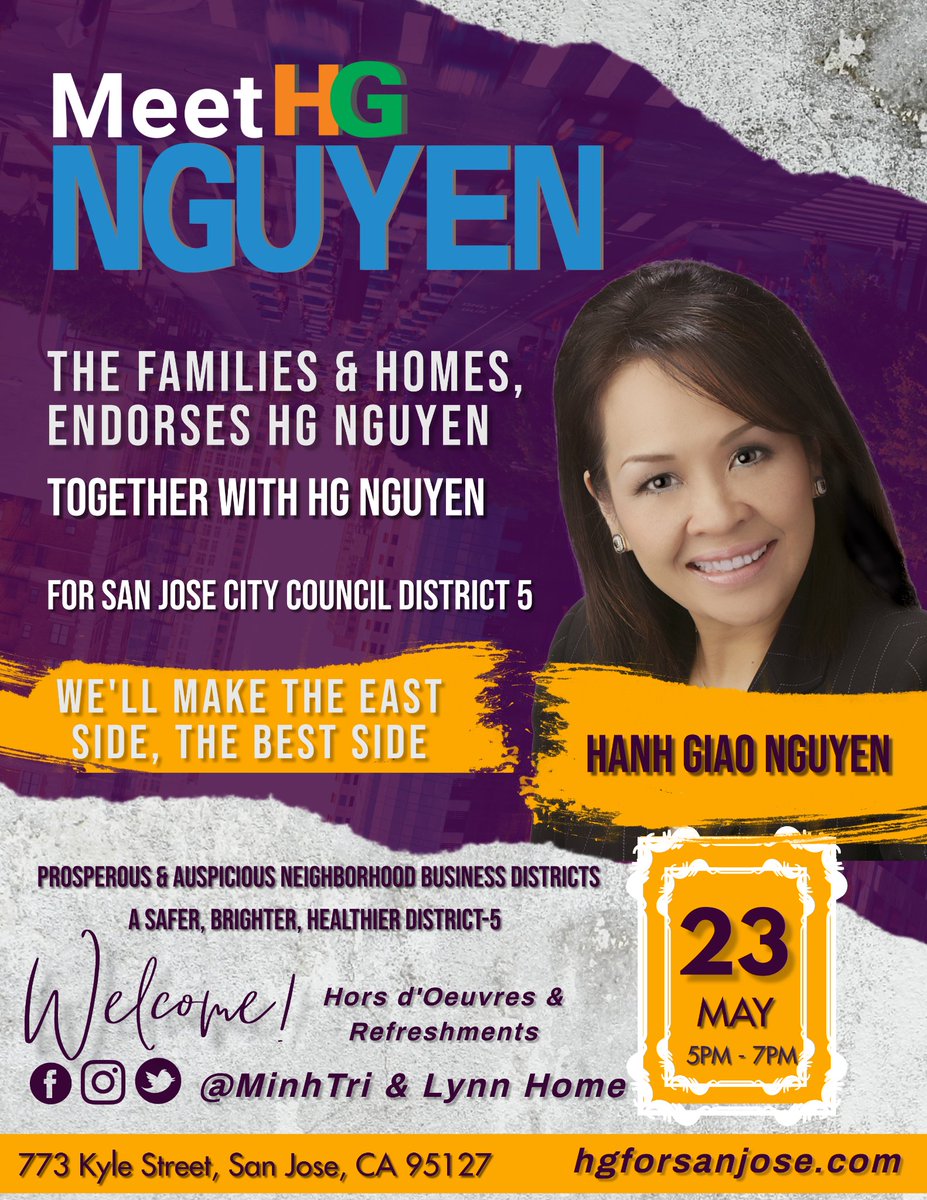 HGNguyenSJ's tweet photo. Meet HG NGUYEN
on Monday, May 23rd, 2022
5 pm- 7pm
@ MinhTri &amp; Lynn Home
773 Kyle Street
San Jose, CA 95127
There will be Hors d'Oeuvres &amp; Refreshments
TOGETHER with HG NGUYEN
We'll Make The East Side, The BEST Side
A Safer, Brighter, Healthier District-5 https://t.co/tWoFI0STMm