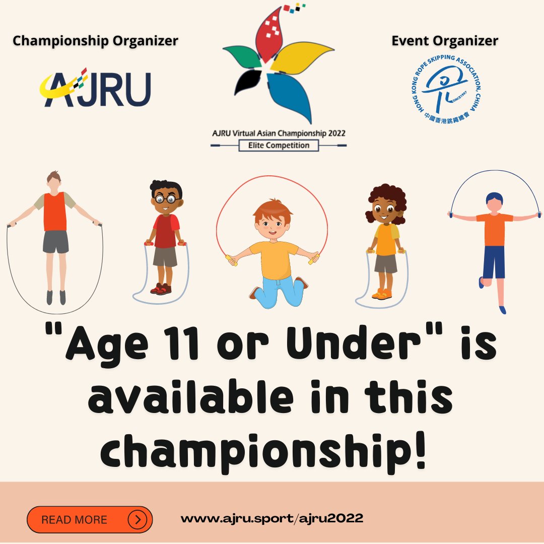 AJRU Virtual Asian Championship will have a new age category: "Age 11 or under". It allows more young athletes to join the Asian Championship and gain more competition experience. Check our website to review more info!

#AJRU2022
#AJRU
#ASIANJUMPROPEUNION
#jumprope
#ropeskipping