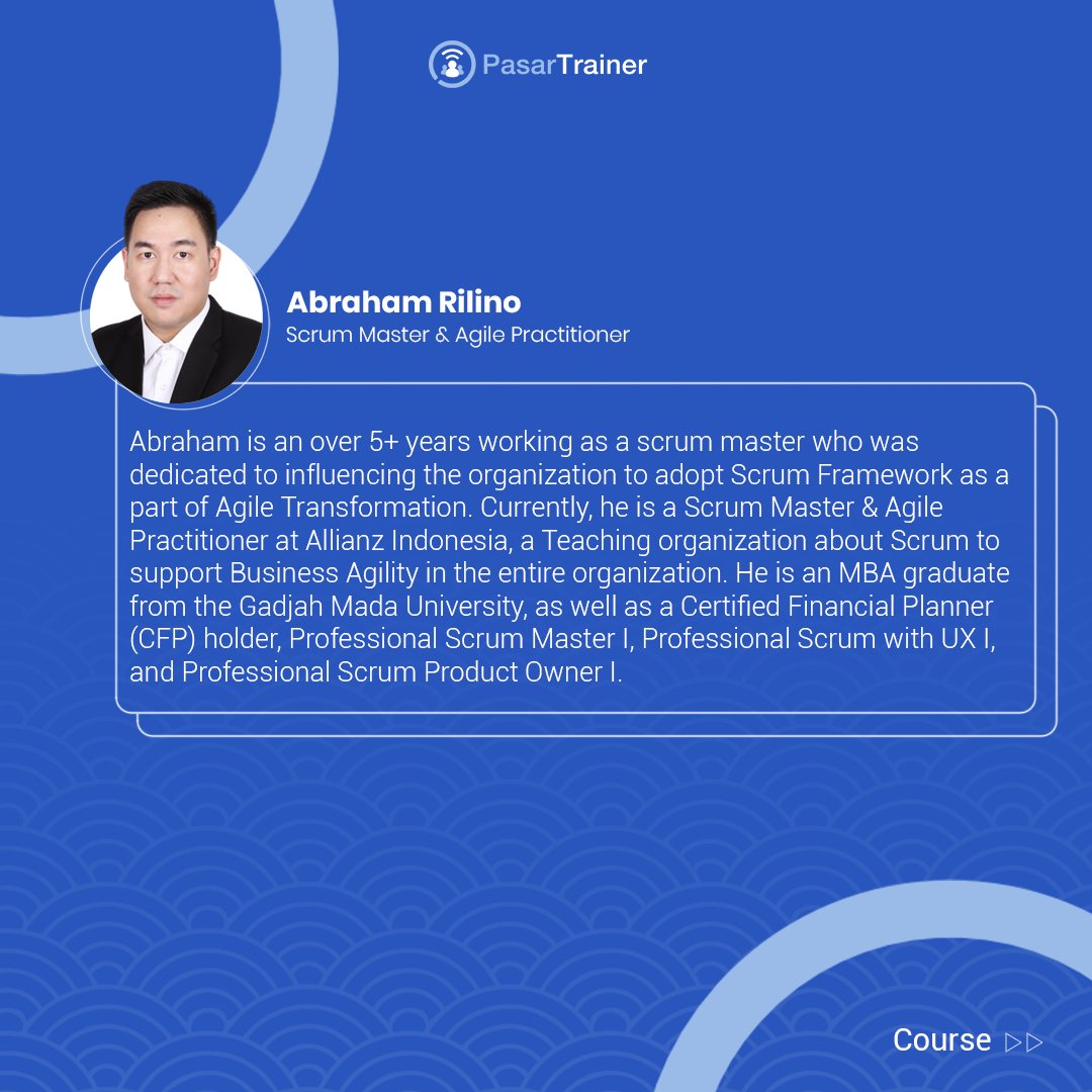 PasarTrainer's tweet image. Meet our new trainer, Abraham Rilino 👨🏻‍🏫
Scrum Master &amp;amp; Agile Practitioner

Find what he teaches at PasarTrainer: bit.ly/PT_abrahamrili…

#pasartrainer #trainerprofile #trainingmarketplace #scrum #trainingscrum