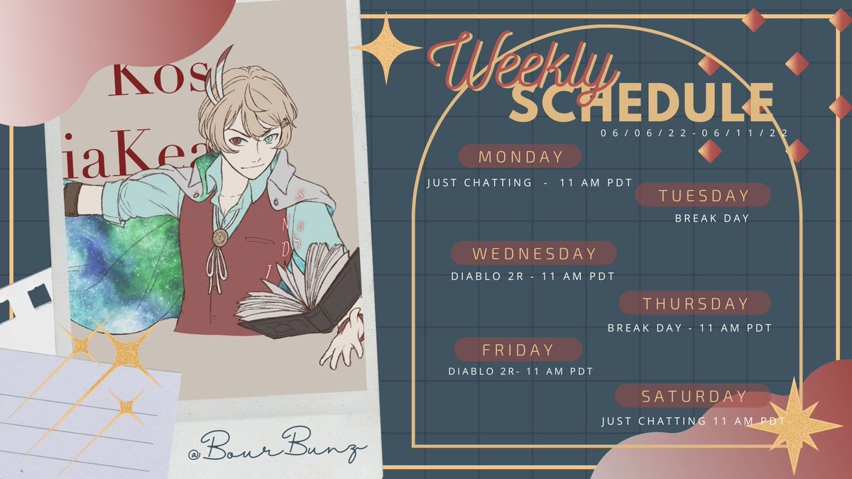 KosLaniakea's tweet photo. 『THIS WEEK'S SCHEDULE AND TAGS!』
PLAYING DIABLO 2 IMMORTAL AND CHATTING
June 6th to June 11th
General: #KosLaniakea
Live tag: #KosLive
Memes: #KoslawIkea
Art: #AikeART
NSFW: #koslaNSFW
ART BY: @/BourBunz https://t.co/7jLAhj2anF