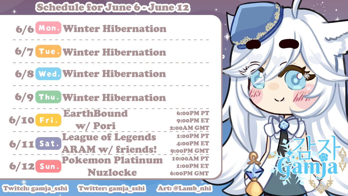 achefloww's tweet photo. ❄️SCHEDULE FOR JUNE 6 - JUNE 12❄️

another busy week for me, unfortunately >< school is kinda kicking my butt lol

but we'll have fun during the weekend~

Live: #GamjaLIVE
Art: #DrawGamja

#ENVtuber #Vtuber #VTuberEN #VTuberUprising https://t.co/pjrt4u213J