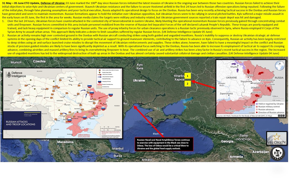 Veloxxity1's tweet photo. https://t.co/e2vsmr5QhT
Russian formations appear to hold the initiative over Ukrainian opposition, but Ukrainian forces seem to be rallying in several pitched battles. Kyiv suffered a major missile assault in the early hours on 05 June, the first in the area for weeks. #Ukraine https://t.co/cLii2Vpp0N