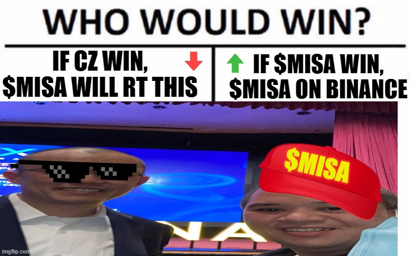 Choose your fighter? 
<a href="/cz_binance/">CZ 🔶 BNB</a> (RT)
or
<a href="/Misatokenid/">Misatoken</a> (Like)

#MISATOKEN 

#NFT #Bitcoin #crypto #cryptocurrency 
#lombaposter #lombafoto #lombameme #lombadesain #lombagratis #lombagratis2022 #lombanasional #lombamahasiswa #kripto #kontes #lombaonline #lombasma #lomba2022
