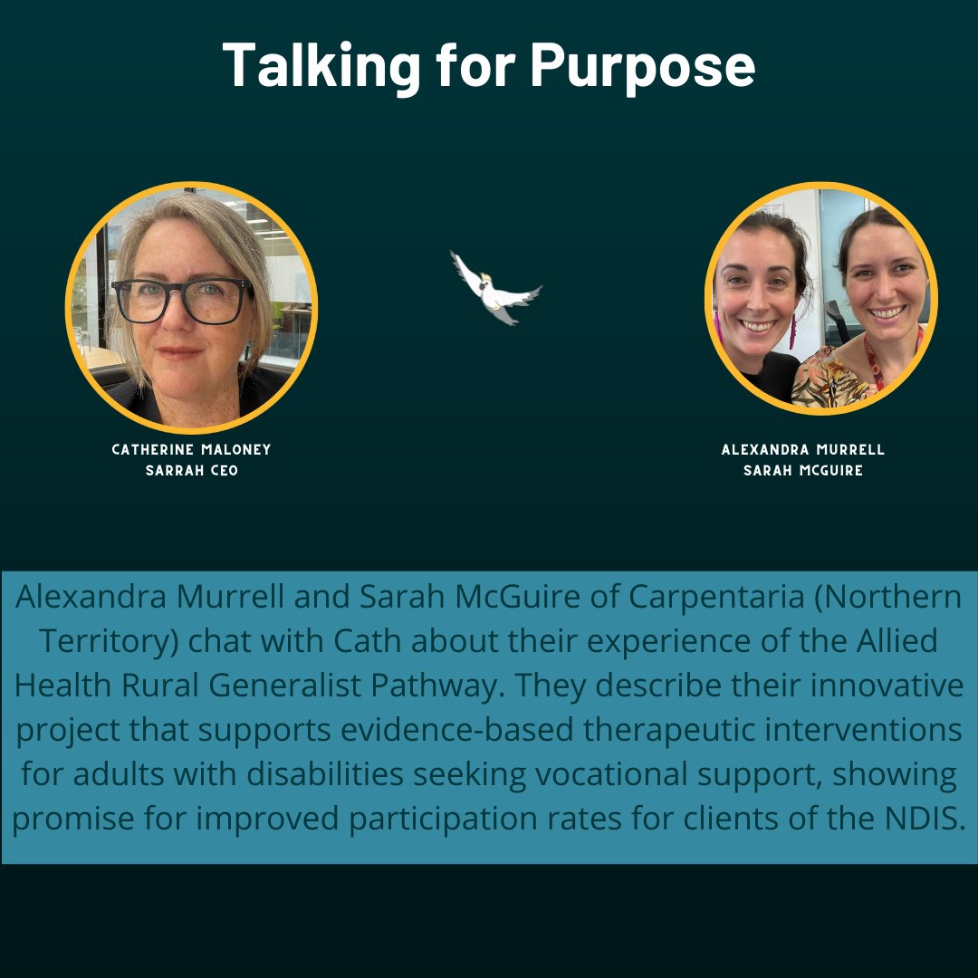 SARRAHealth's tweet photo. Podcast!! Alexandra Murrell and Sarah McGuire of Carpentaria chat with Cath about the Allied Health Rural Generalist Pathway - their innovative project is showing promise for improved participation rates for clients of the NDIS.https://t.co/ahqpZfOp3j
#talkingforpurpose #NDIS https://t.co/DOAmx0HVRU