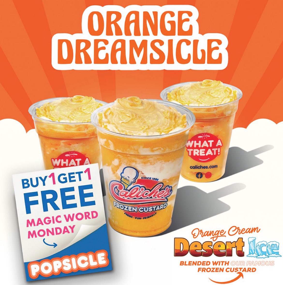 Tomorrow is MAGIC WORD MONDAY and the Magic Word is “Popsicle”!The Orange Dreamsicle is our Treat of the Month! 🍊Buy one Orange Dreamsicle and Get One FREE!!! Must say Magic Word upon ordering. #Caliches #ilovecaliches #MWM