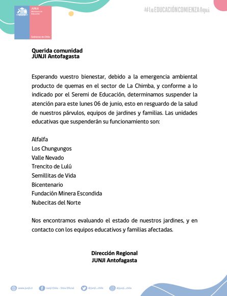 minortecanal's tweet photo. #Antofagasta | Ahora JUNJI ANTOFAGASTA, entrega listado de jardines infantiles con suspensión de clases mañana lunes 06 de junio https://t.co/emRo0a8ILX