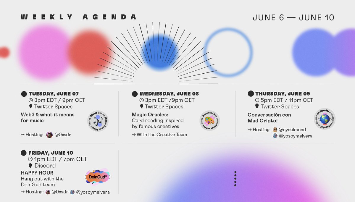 DoinGudHQ's tweet photo. Good Morning ☀️Happy Monday ✨
Here is our Weekly Event Calendar for you to interact and connect with the DoinGud community 🗓
Lets #StartDoinGud 😇 https://t.co/0AH6kuHdro