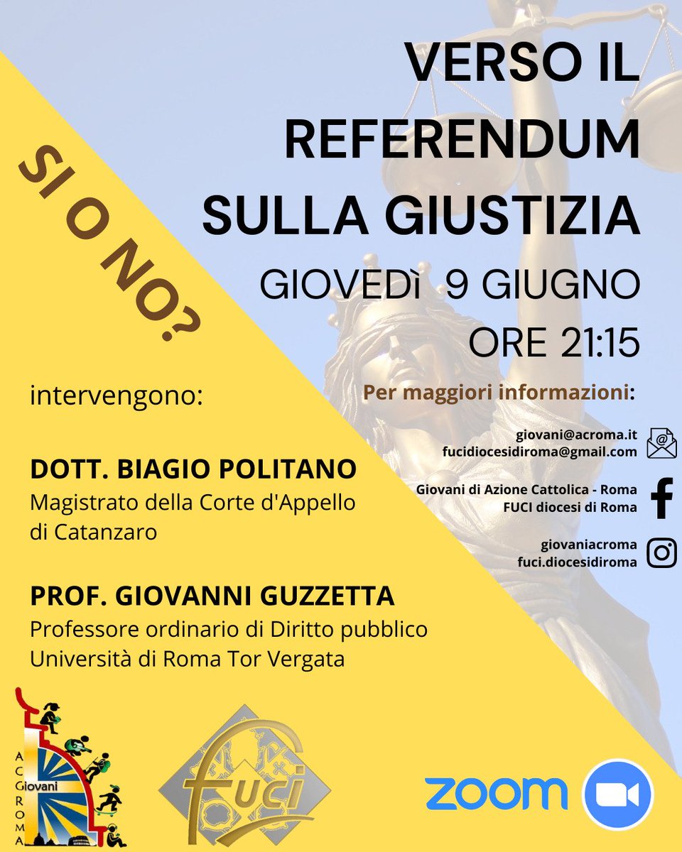 ✍️Verso il #referendum sulla #Giustizia 

⏭️ Giovedì 9 giugno, ore 21,15, incontro informativo su Zoom

👉Con noi il magistrato Biagio Politano, per le ragioni del #No, e Giovanni Guzzetta, professore di Diritto pubblico, per le ragioni del #Sì

📲 Scrivici per il link zoom