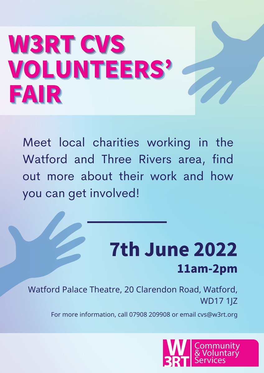 As part of #VolunteersWeek2022, we are hosting our annual Volunteers’ Fair at Watford Palace Theatre tomorrow Tuesday (7th June) between 11am and 2pm.

Over 20 local voluntary organisations have signed up to have a stall at the event and we hope you can come along on the day.