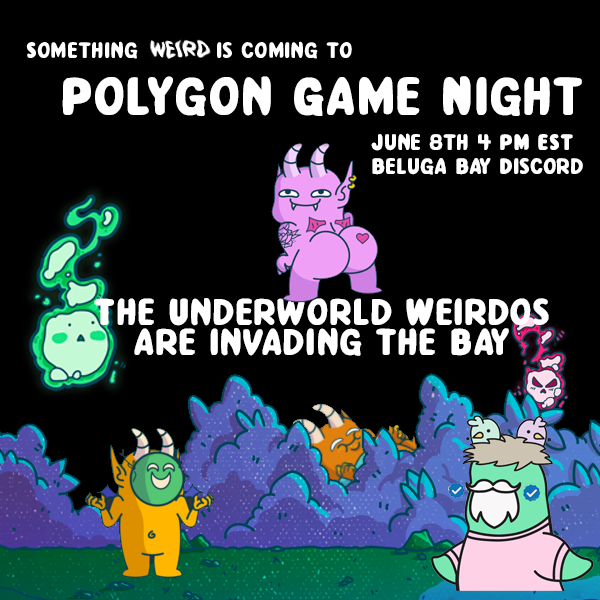 Monicalewinskai's tweet image. Polygon Game Night this coming Wednesday in the Beluga Bay Discord - Sponsored by the one and only @WeirdosNFT 🥳

A lot of prizes up for grabs as usual so make sure you come!🍾

#nft #nfts #polygon #polygongamenight #nftcommunity #NFTCollection #NFTProject