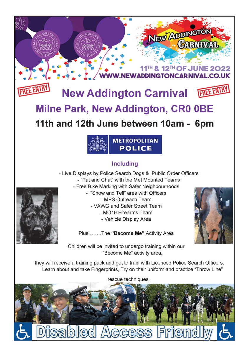 MPSWrythe's tweet photo. New Addington Carnival is this week!! 
Saturday 11th &amp; Sunday 12th June!  ��🐶

Free Entry 👍

10AM - 6PM Milne Park New Addington CR0 0BE

Comment below to let us know what you're most looking foward to! 

@LondonFire 
@bikeregister https://t.co/6dQM77rcN0
