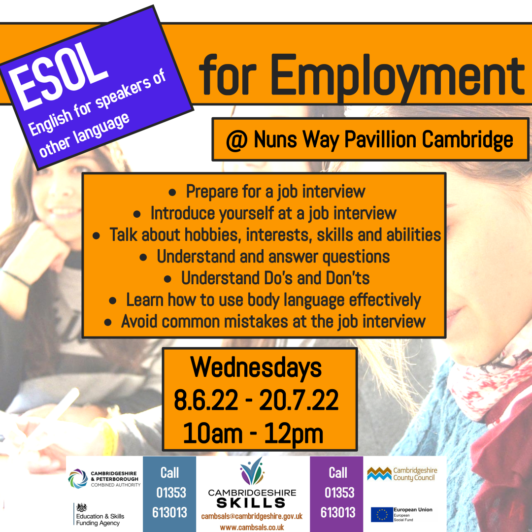CambsSkills's tweet photo. Not too late to get your ESOL for Employment skills sharpened up!
Click below to book or call 01353 613013
https://t.co/tTpTZPGNiY
#esol #skills #learning #cambridgeshire #employment #nunsway https://t.co/sqGvbxo3uE