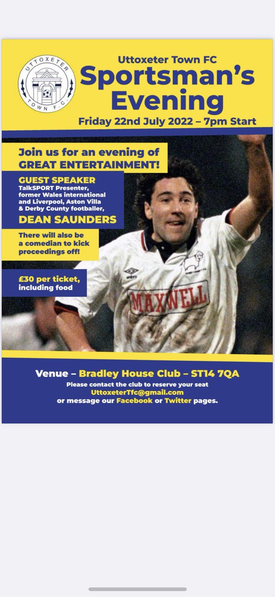 Join us on 22nd July at Bradley House for a Sportsman’s evening with special guest Dean Saunders 💙💛