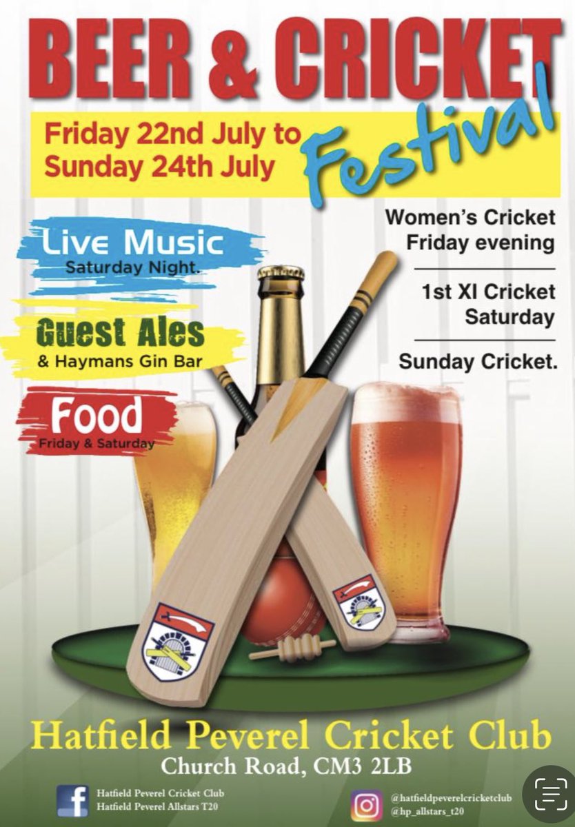 💥BEER &amp; CRICKET FESTIVAL💥 

Hatfield Peverel Cricket Club are pleased to announce that they will be holding a beer &amp; cricket festival on the 22nd - 24th of July

Everyone is welcome to come and enjoy the great cricket being played and the variety of beverages on offer! 🏏