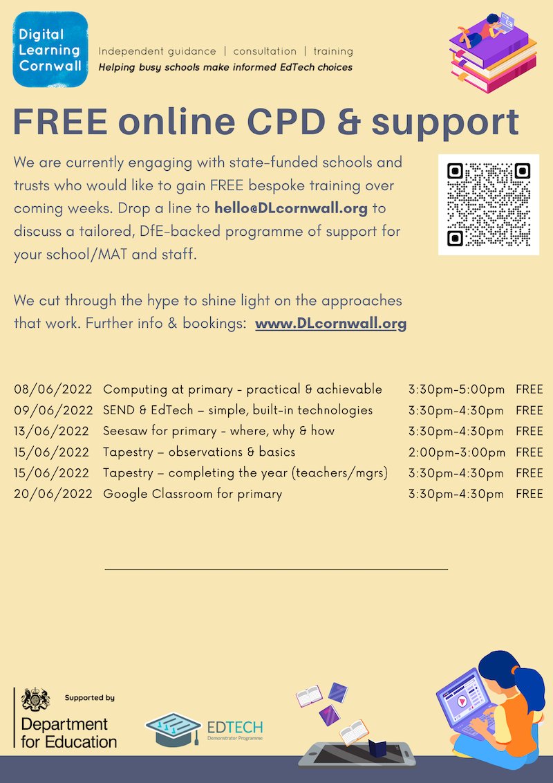 Digital Learning Cornwall (@dlcornwall) on Twitter photo Online sessions below + still time to take advantage of FREE 1:1 guidance all the way to the summer break. Drop us a line.
Move onwards: simple, reliable tech blended with traditional #primary #pedagogy for true impact.
💥dlcornwall.org💥
<a href="/educationgovuk/">Department for Education</a>
<a href="/EdtechDemo/">EdTech Demonstrator</a> Online sessions below + still time to take advantage of FREE 1:1 guidance all the way to the summer break. Drop us a line.
Move onwards: simple, reliable tech blended with traditional #primary #pedagogy for true impact.
💥dlcornwall.org💥
<a href="/educationgovuk/">Department for Education</a>
<a href="/EdtechDemo/">EdTech Demonstrator</a>